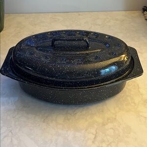 Small Vintage Black Enamel Speckled Turkey Breast Roaster Pan Thanksgiving